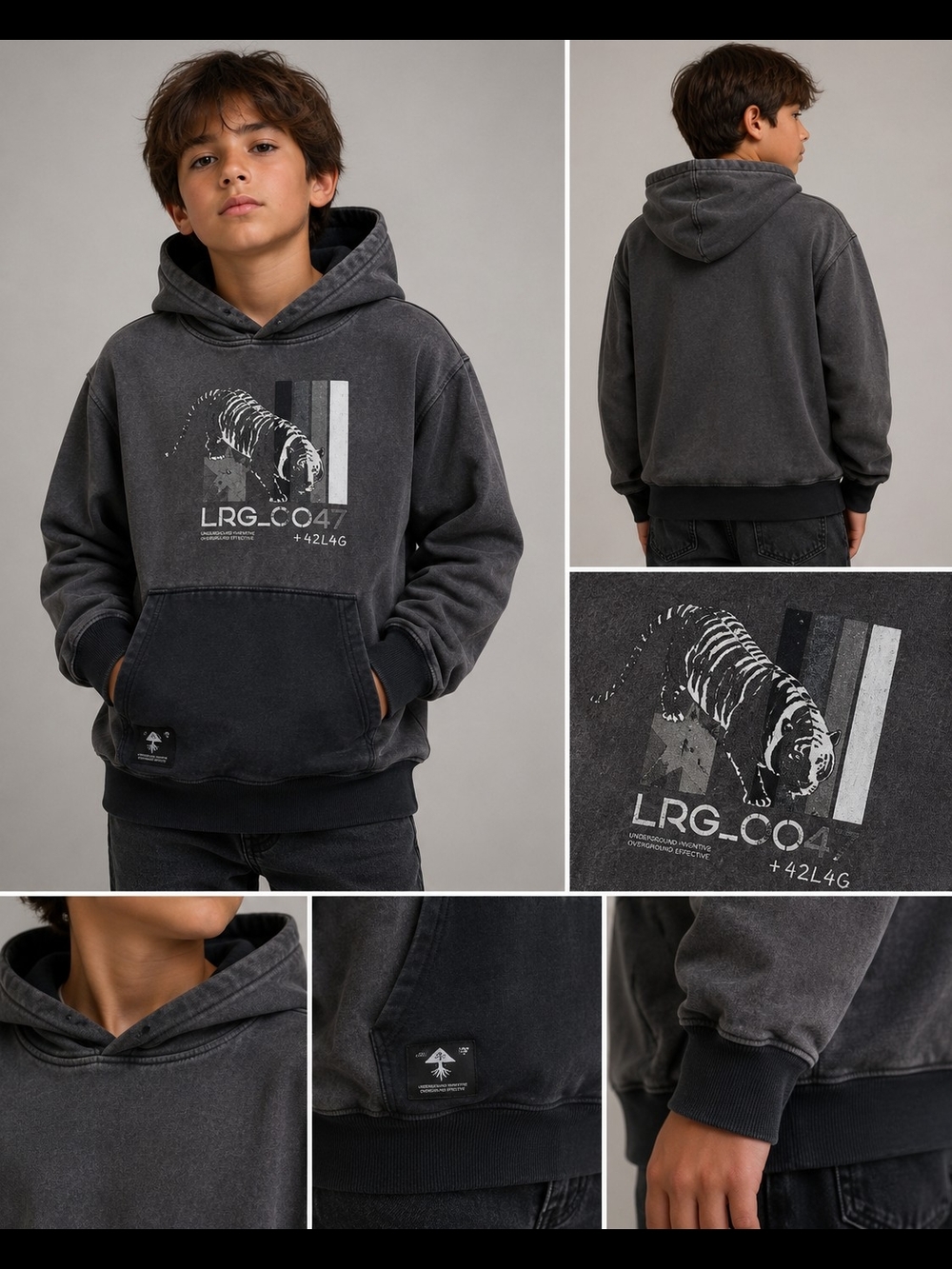 LRG Lifted Research Group Boys Graphic Pullover Hoodie XL 18-20 Gray Tiger